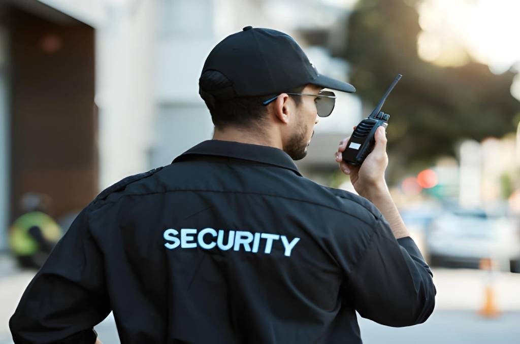 SIA licensed security guard using a radio during patrol in the UK security industry